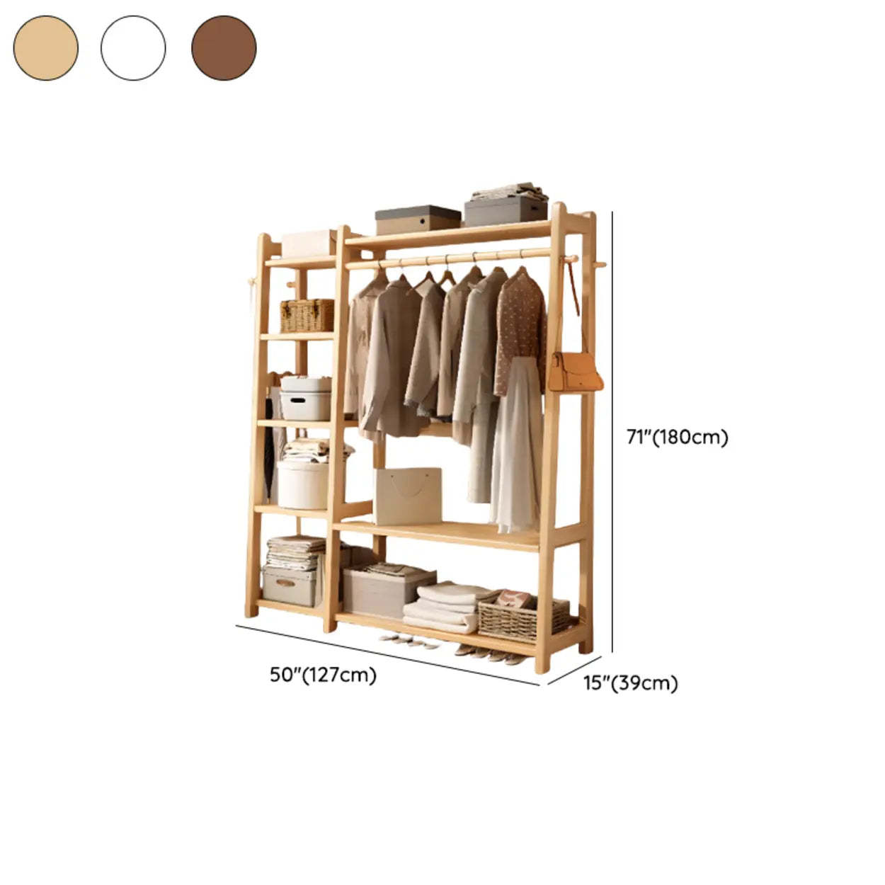 Brown Wood Coat Rack with Shelves and Drawers