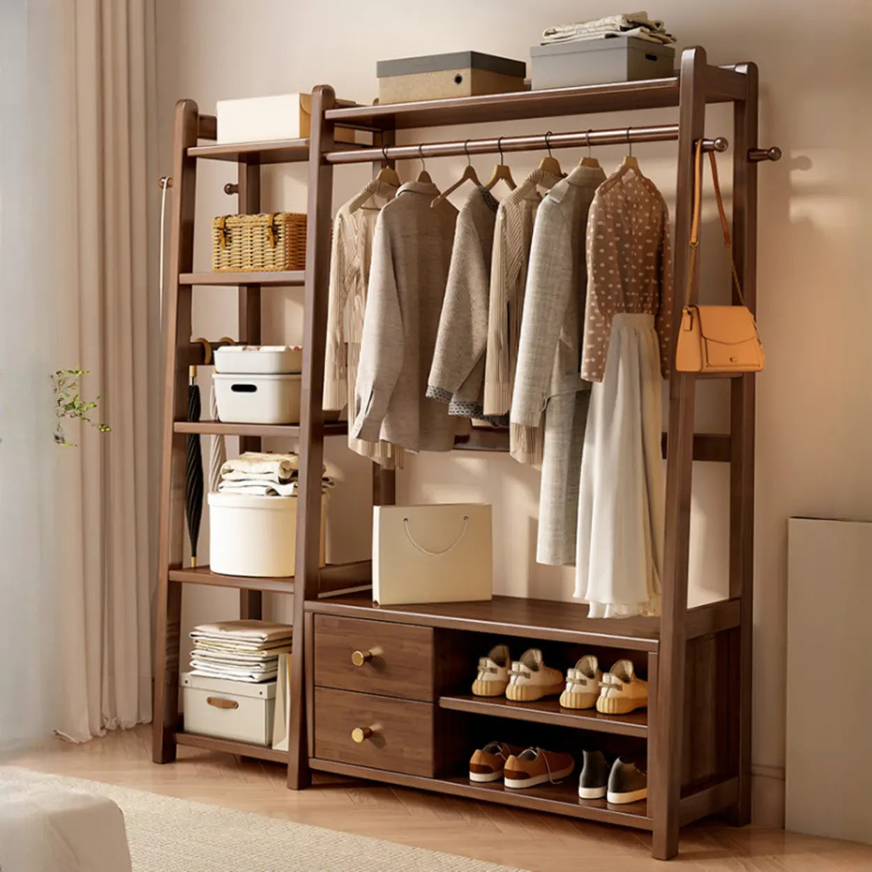 Brown Wood Coat Rack with Shelves and Drawers — Nut-Brown / 2