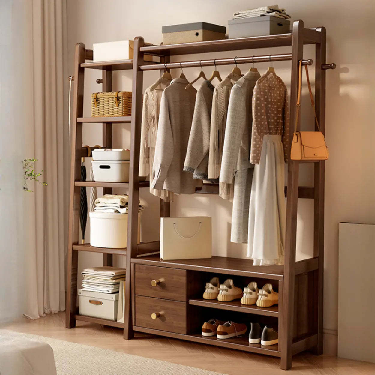 Brown Wood Coat Rack with Shelves and Drawers — Nut-Brown / 2