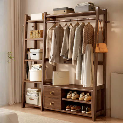 Brown Wood Coat Rack with Shelves and Drawers — Nut-Brown / 2