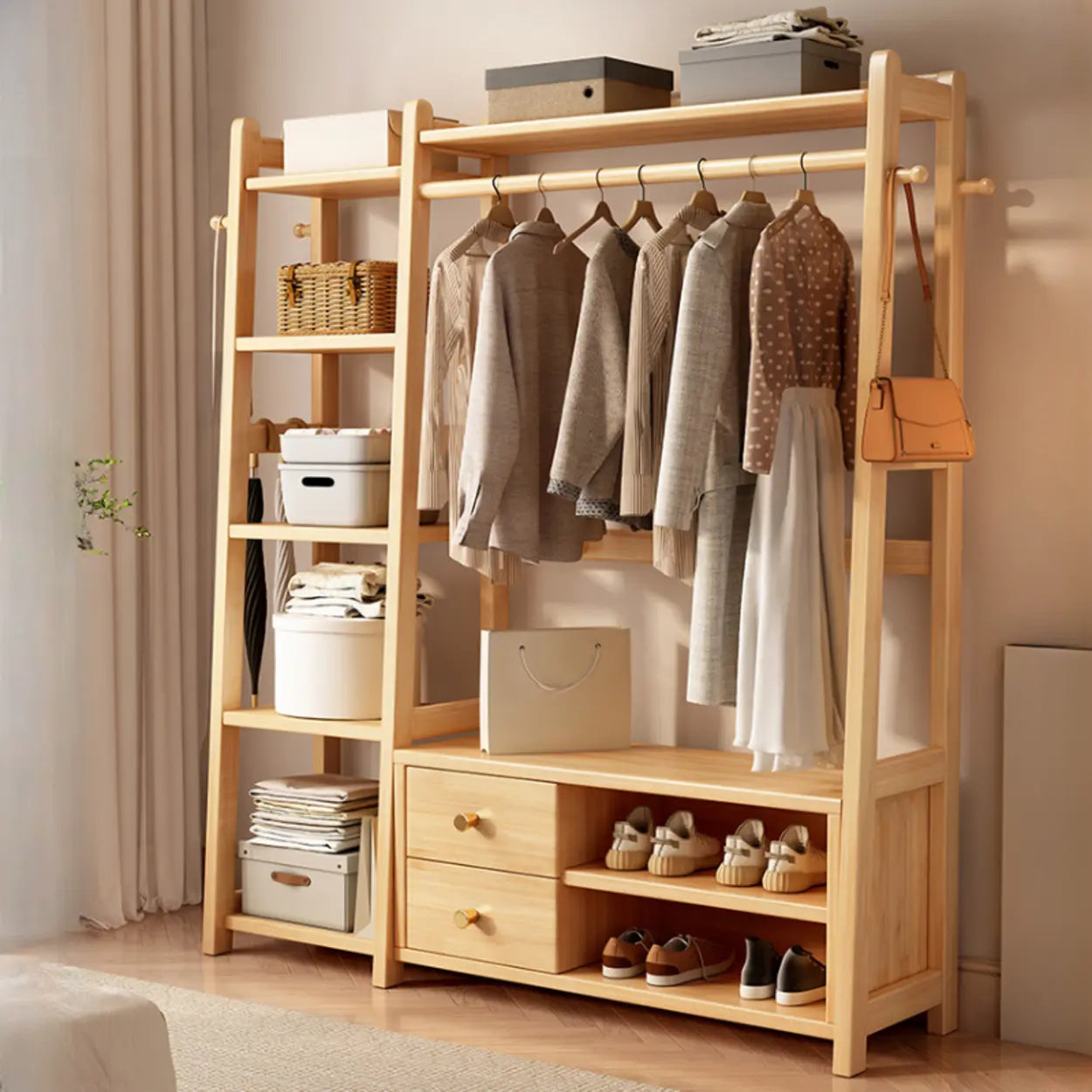 Brown Wood Coat Rack with Shelves and Drawers — Natural / 2