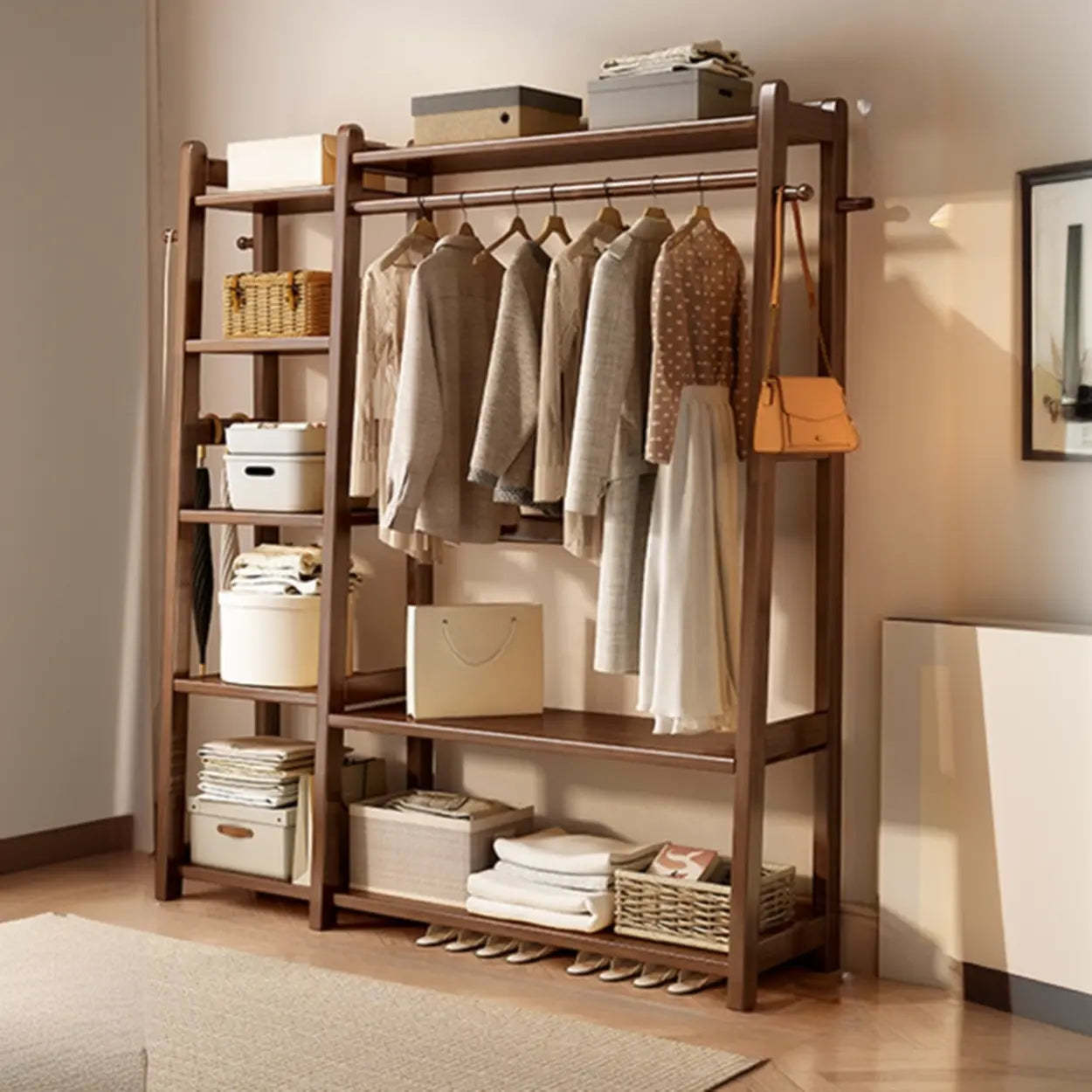 Brown Wood Coat Rack with Shelves and Drawers — Natural / Drawer Not Included