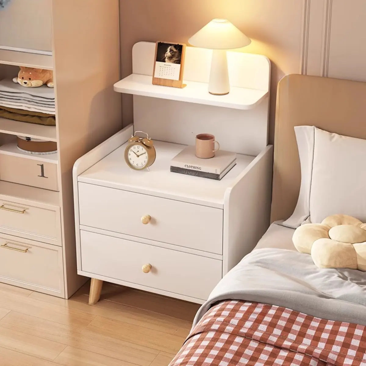Warm White Square Wood 2-Shelf Open Nightstand