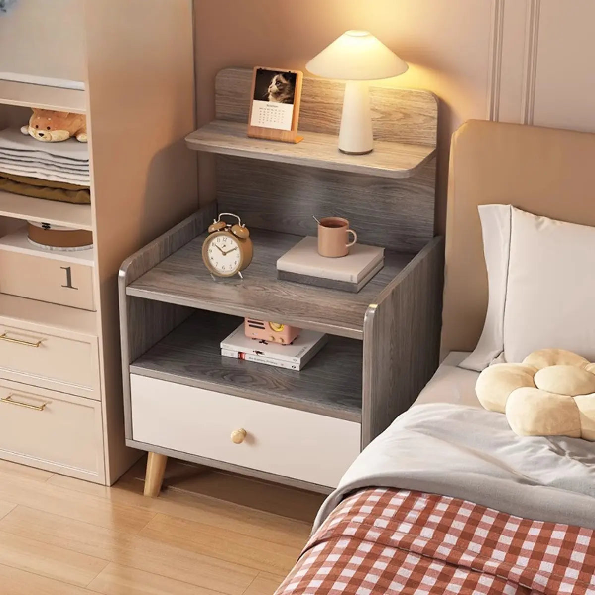 Warm White Square Wood 2-Shelf Open Nightstand — Oak / 2