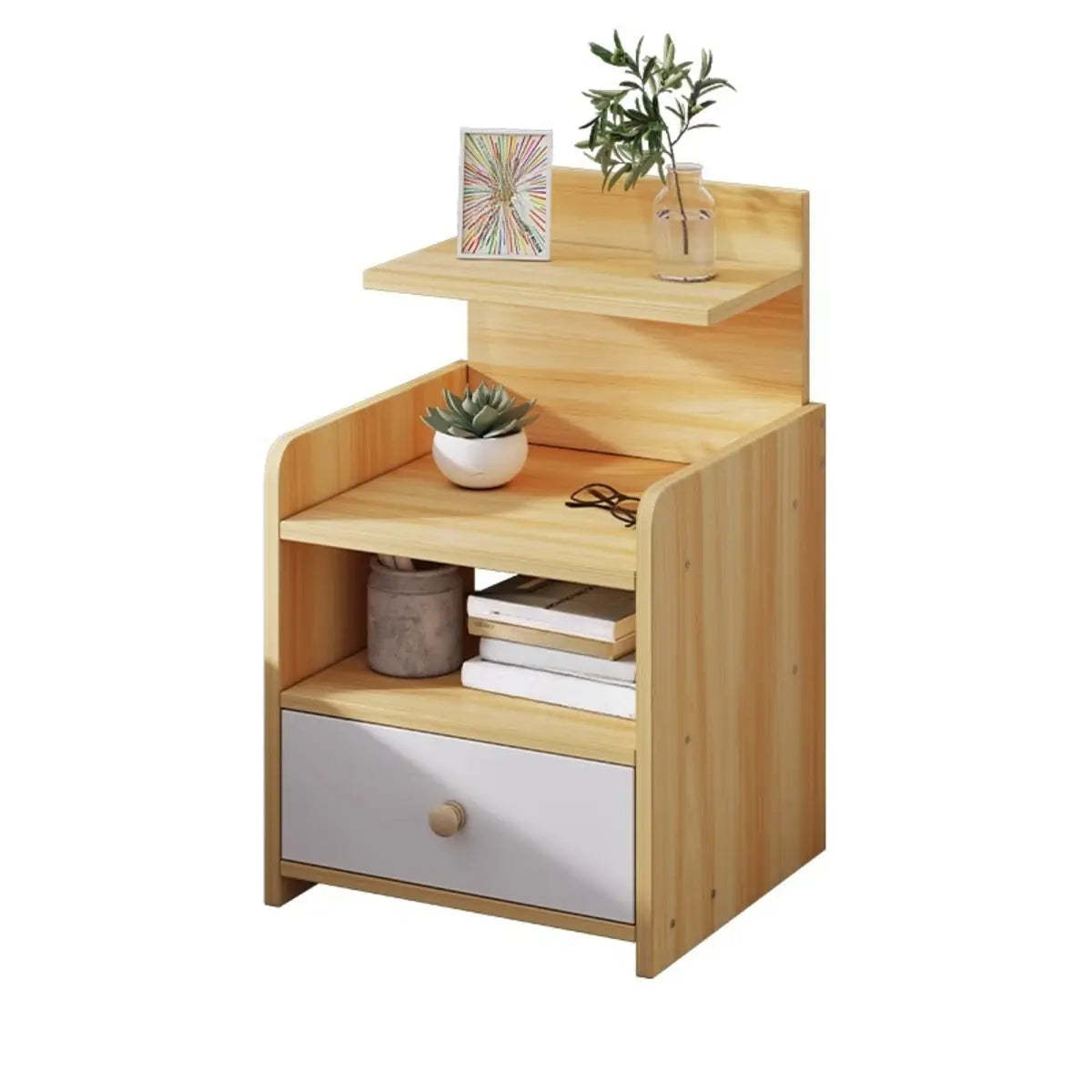 Warm White Square Wood 2-Shelf Open Nightstand — Maple / 2