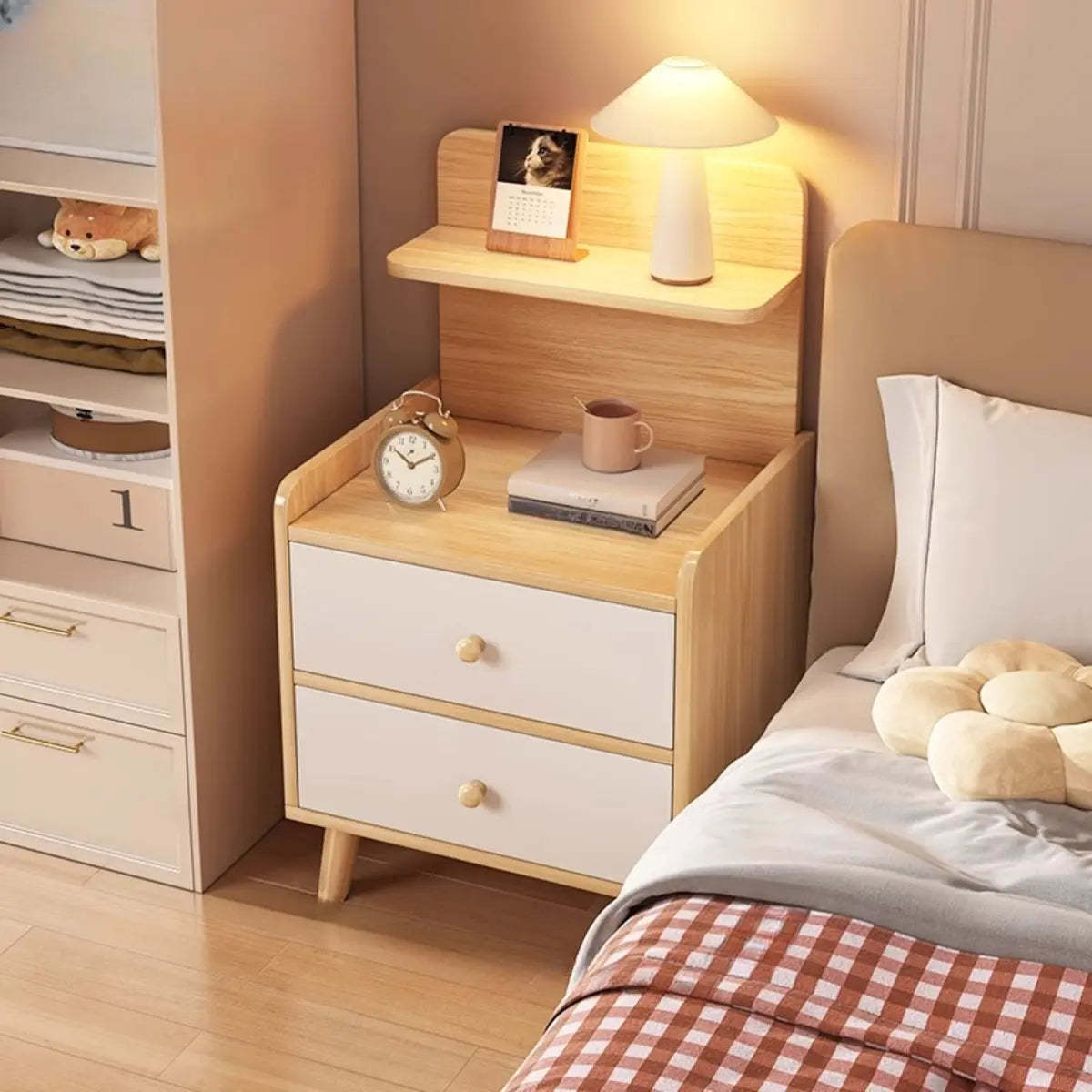 Warm White Square Wood 2-Shelf Open Nightstand — Nut-Brown / 2