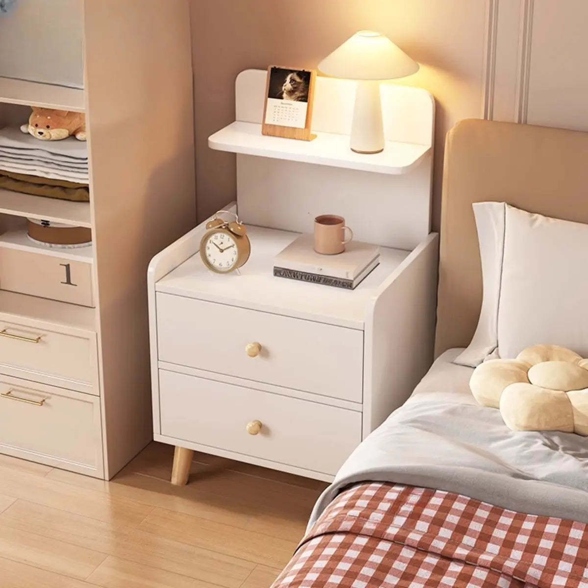 Warm White Square Wood 2-Shelf Open Nightstand — Grey / 1