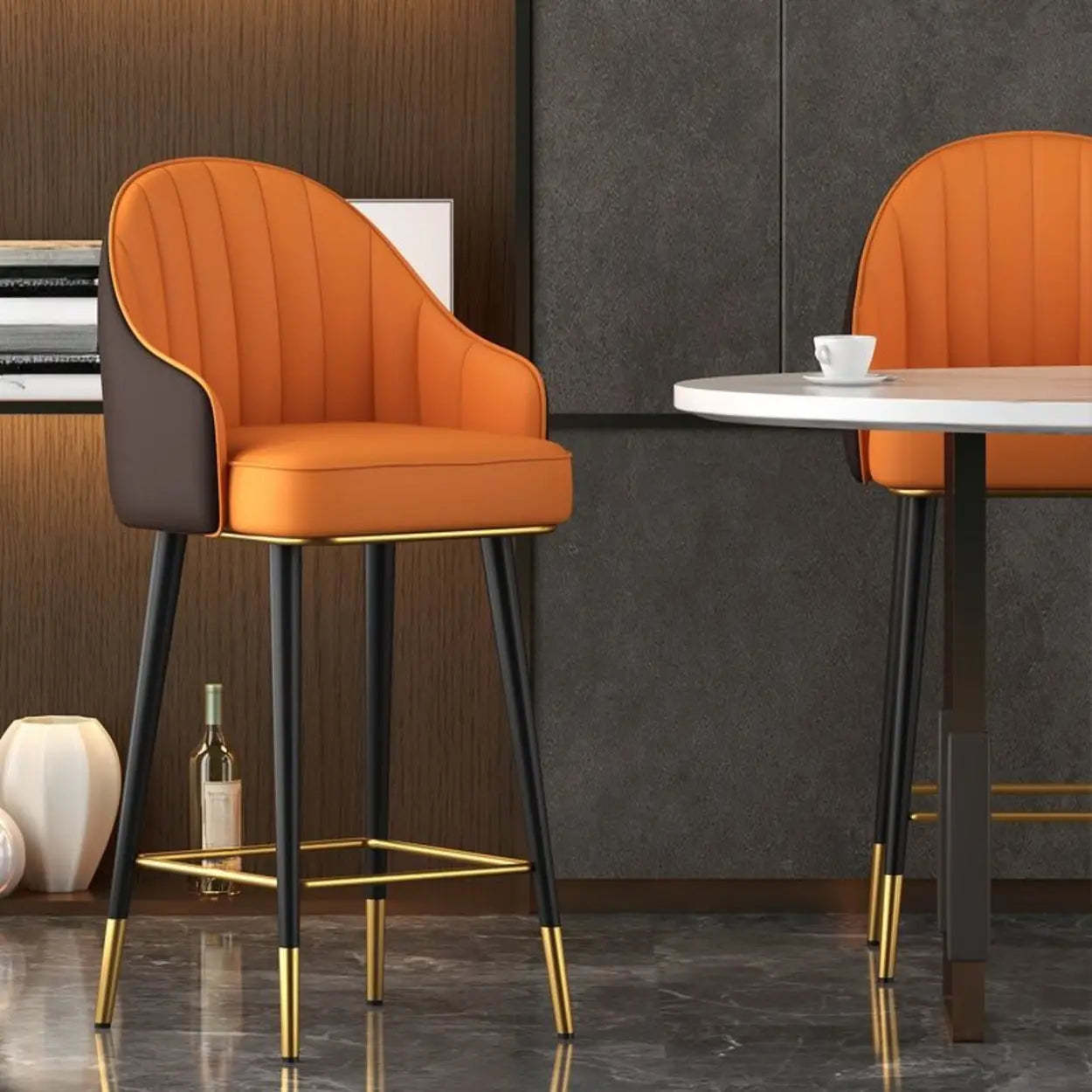 Curved Leather Bistro Stool with Arms — Black
