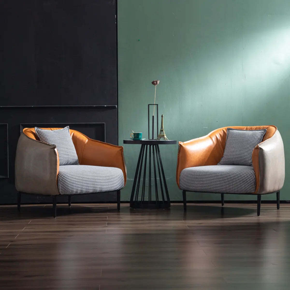 Orange Houndstooth Linen Fill Arm Chair — Blue / Microfiber Leather