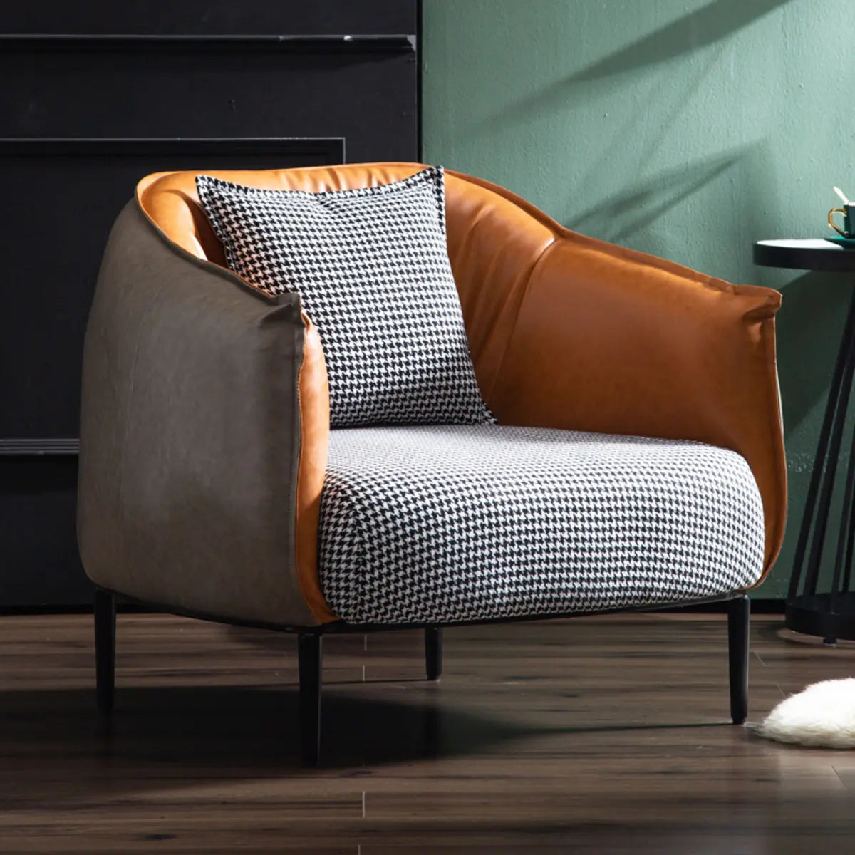 Orange Houndstooth Linen Fill Arm Chair — Blue Houndstooth / Linen