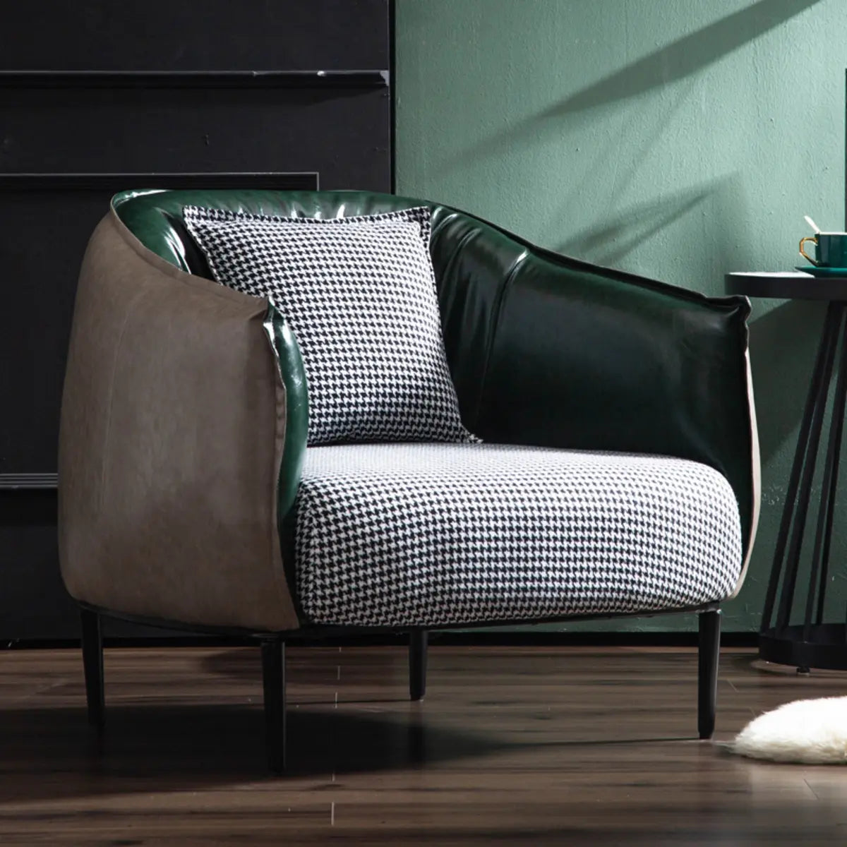 Orange Houndstooth Linen Fill Arm Chair — Green / Microfiber Leather