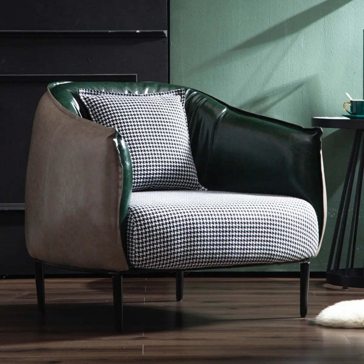 Orange Houndstooth Linen Fill Arm Chair — Green / Microfiber Leather