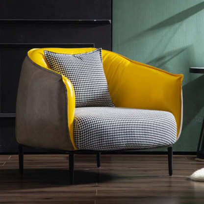 Orange Houndstooth Linen Fill Arm Chair — Grey / Microfiber Leather