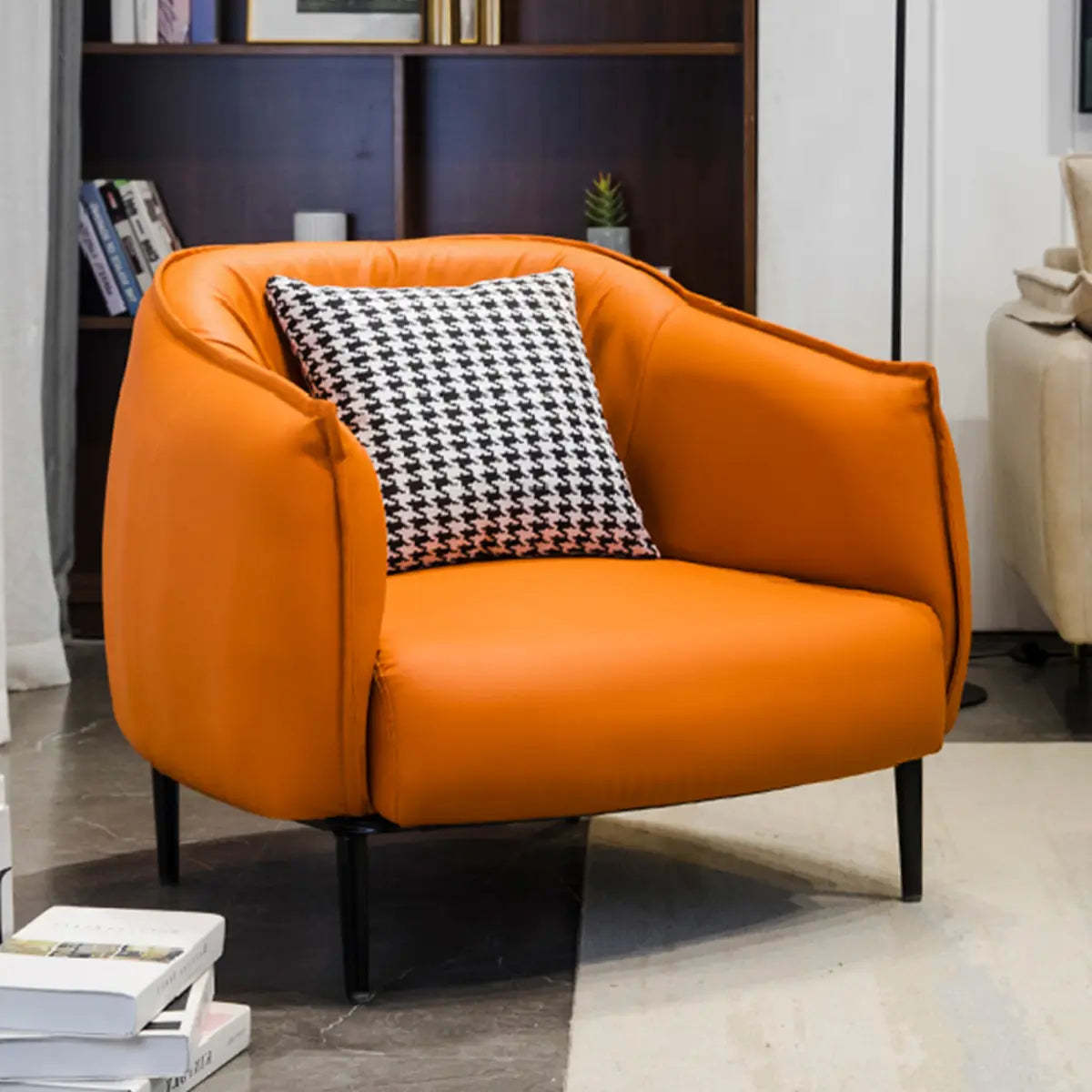 Orange Houndstooth Linen Fill Arm Chair — Yellow Houndstooth / Linen