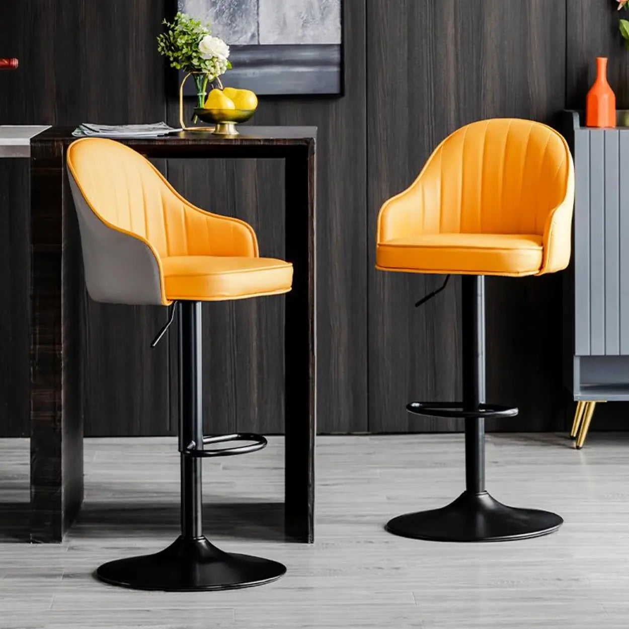 Orange Leather Adjustable Swivel Armrest Bar Stool — Blue / Black