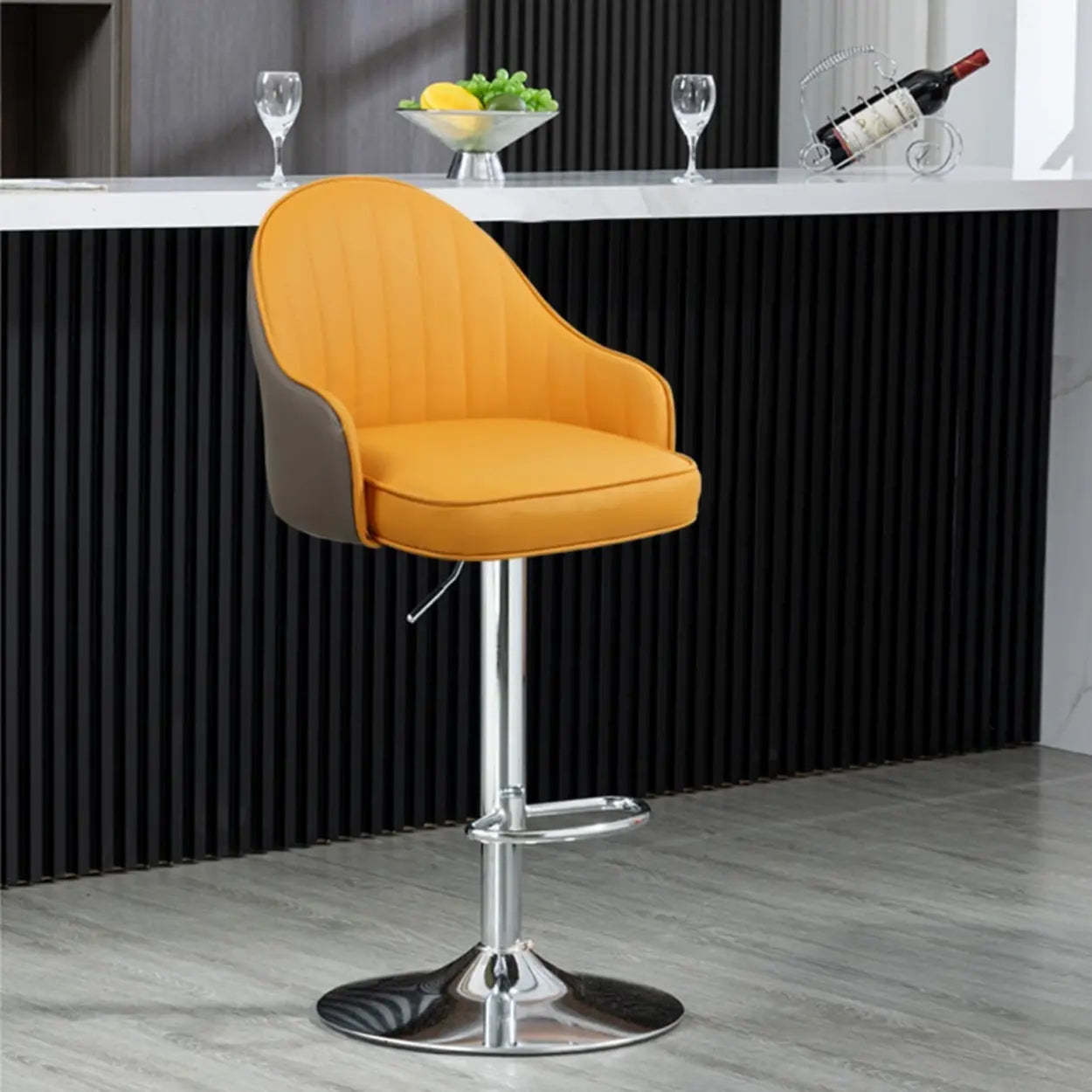 Gray leather orange armrest bar & counter stools — Orange & Gray / Silver