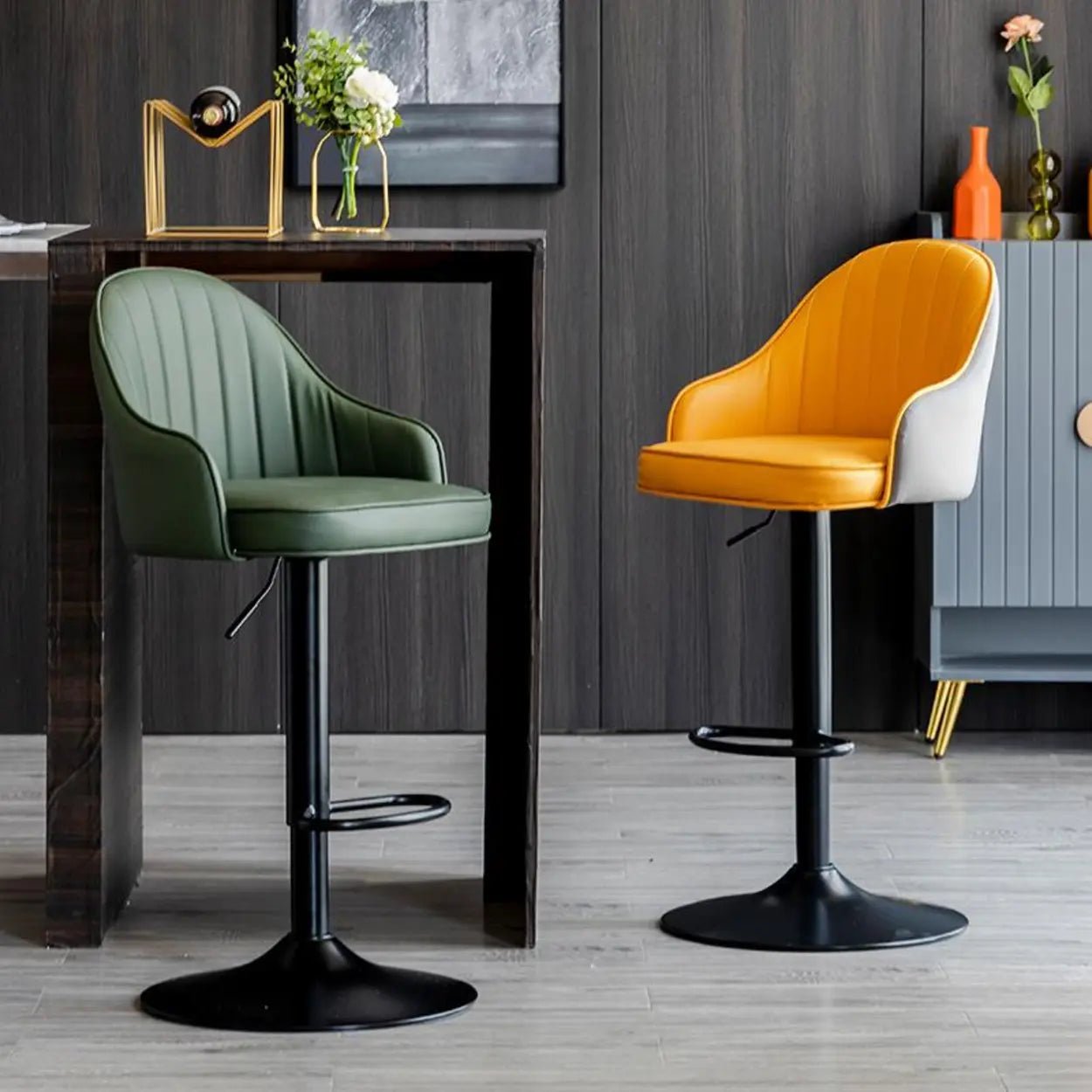 Orange Leather Adjustable Swivel Armrest Bar Stool — Dark Gray/ Light Gray / Black