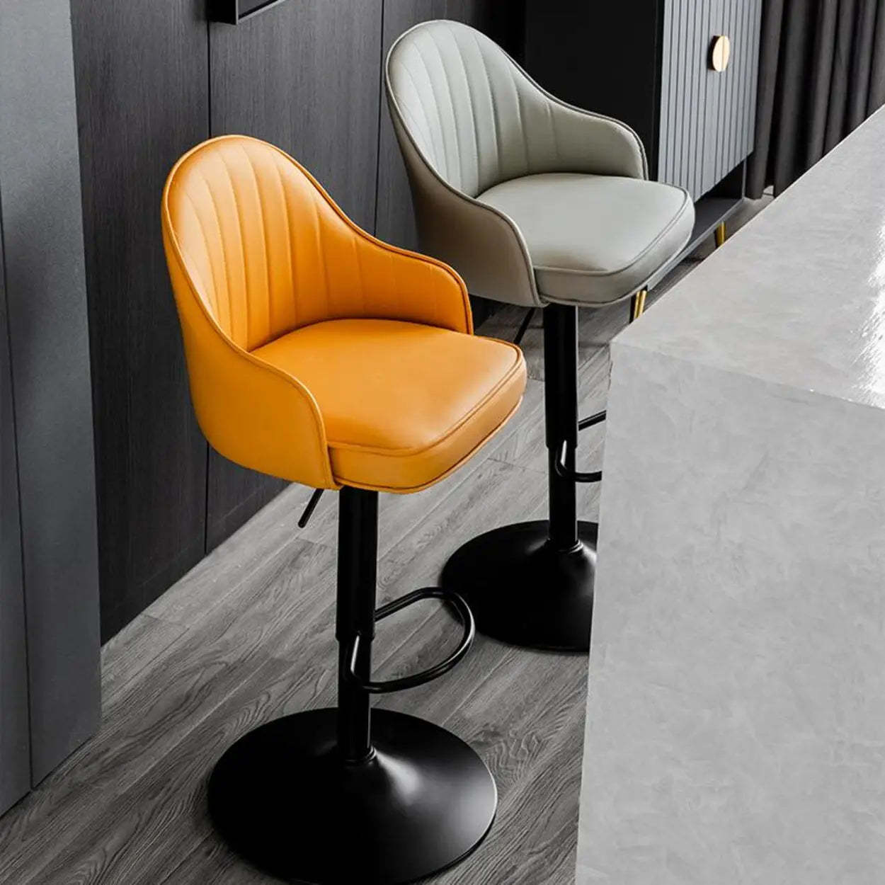 Orange Leather Adjustable Swivel Armrest Bar Stool — Green / Silver
