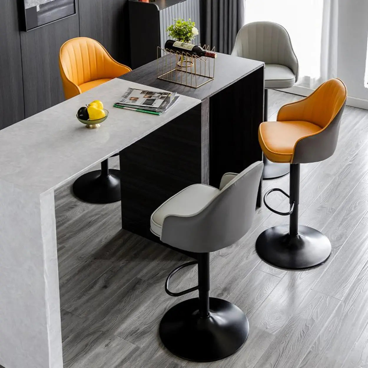 Orange Leather Adjustable Swivel Armrest Bar Stool — Orange / Black