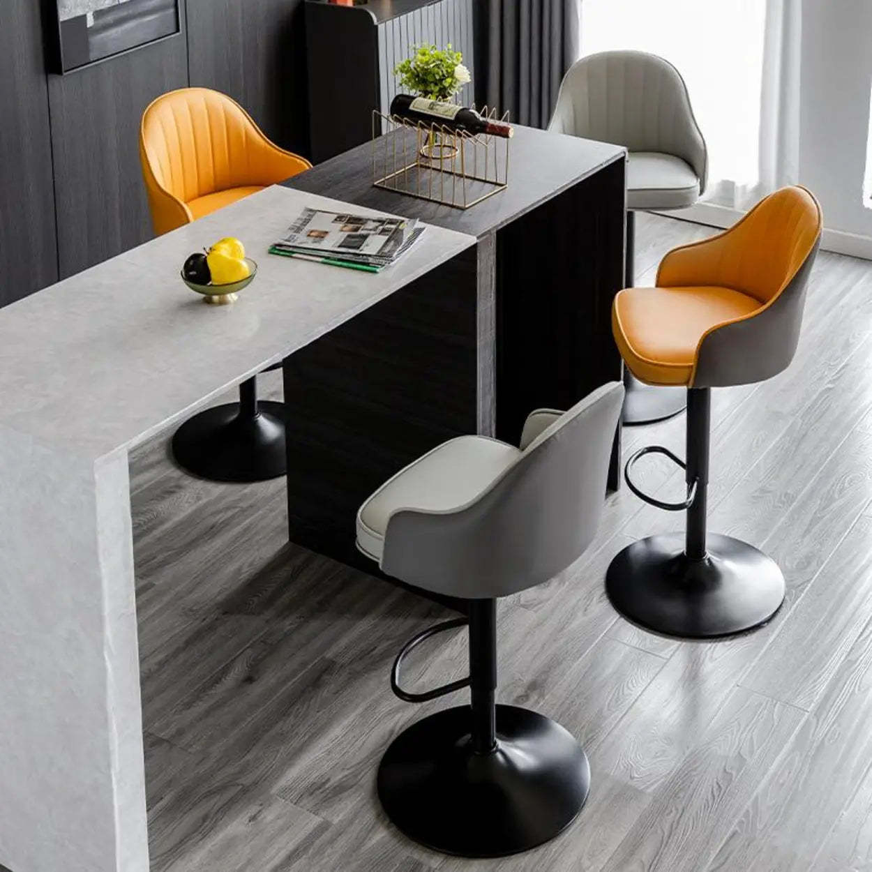 Orange Leather Adjustable Swivel Armrest Bar Stool — Orange / Black