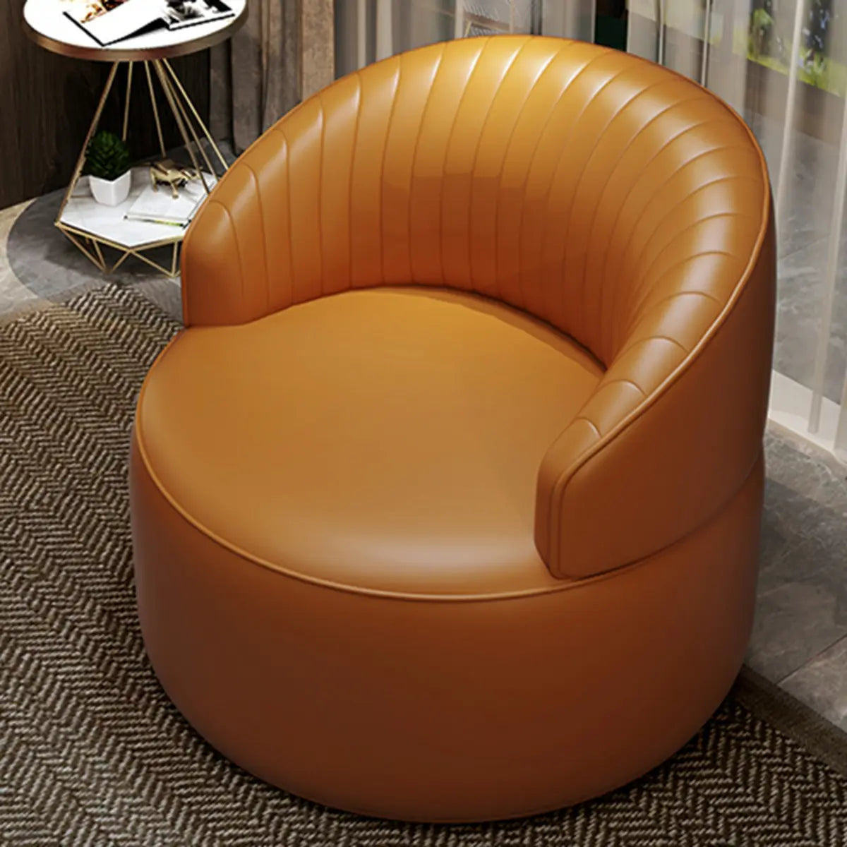 Orange Leather Fixed-Back Barrel Chair with Arms