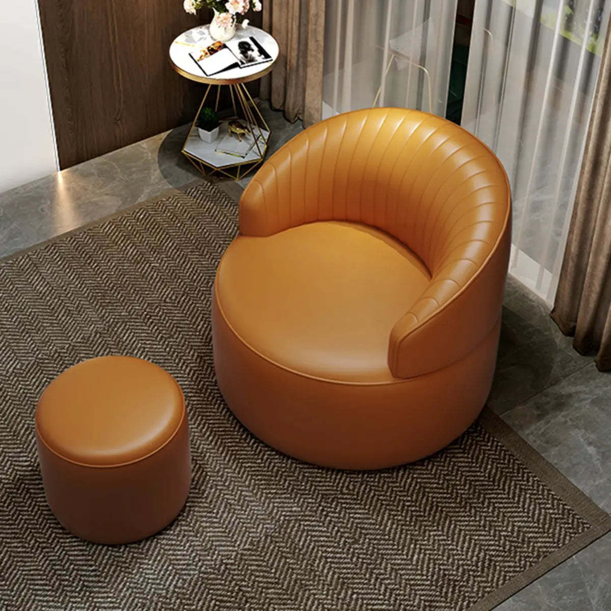 Orange Leather Fixed-Back Barrel Chair with Arms