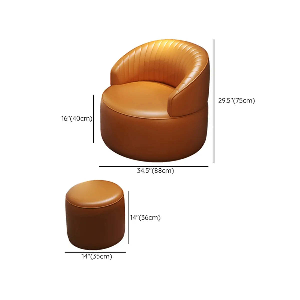 Orange Leather Fixed-Back Barrel Chair with Arms