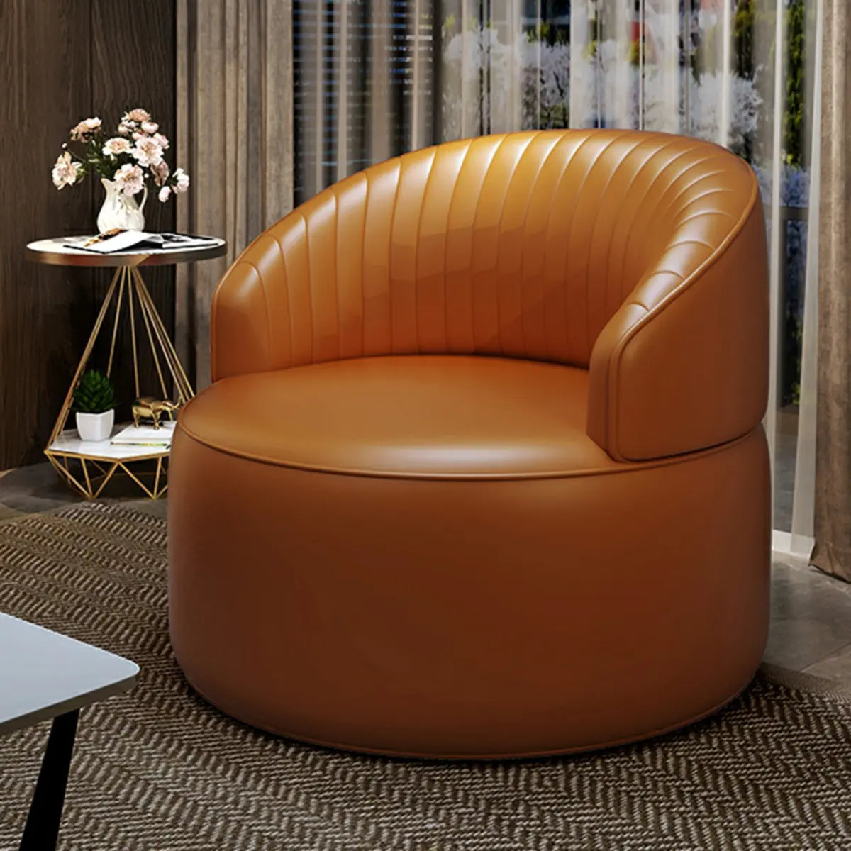 Orange Leather Fixed-Back Barrel Chair with Arms — Dark Brown