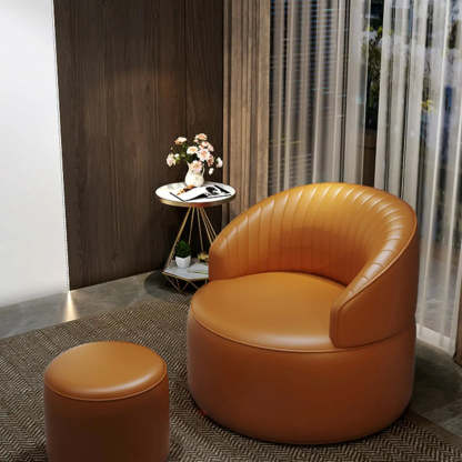 Orange Leather Fixed-Back Barrel Chair with Arms — Dark Gray