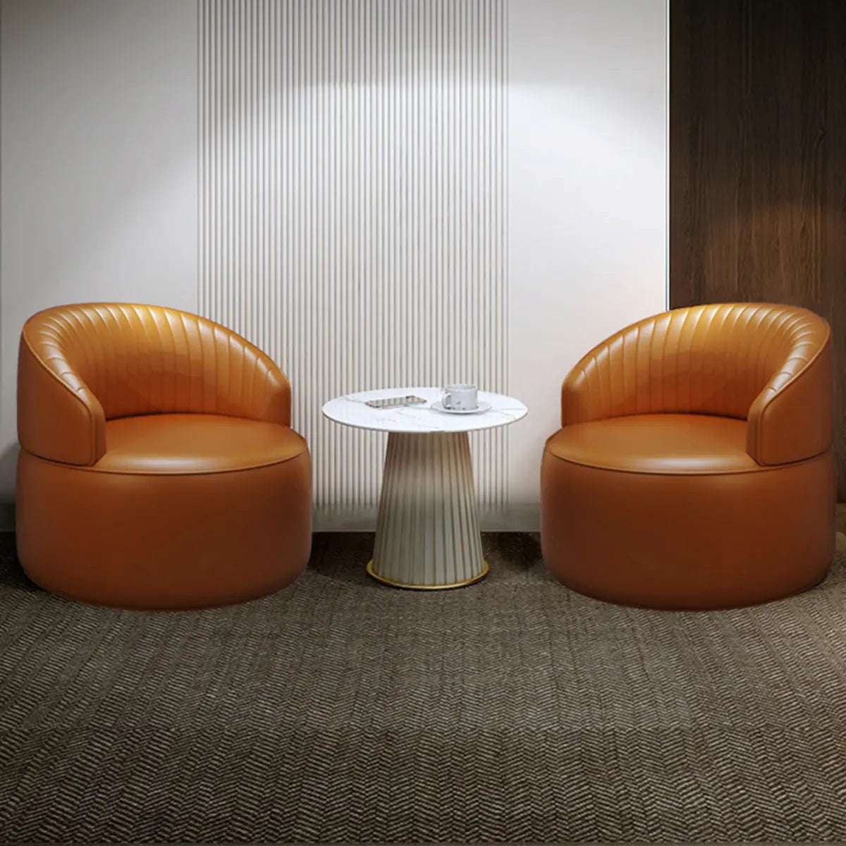 Orange Leather Fixed-Back Barrel Chair with Arms — Gray
