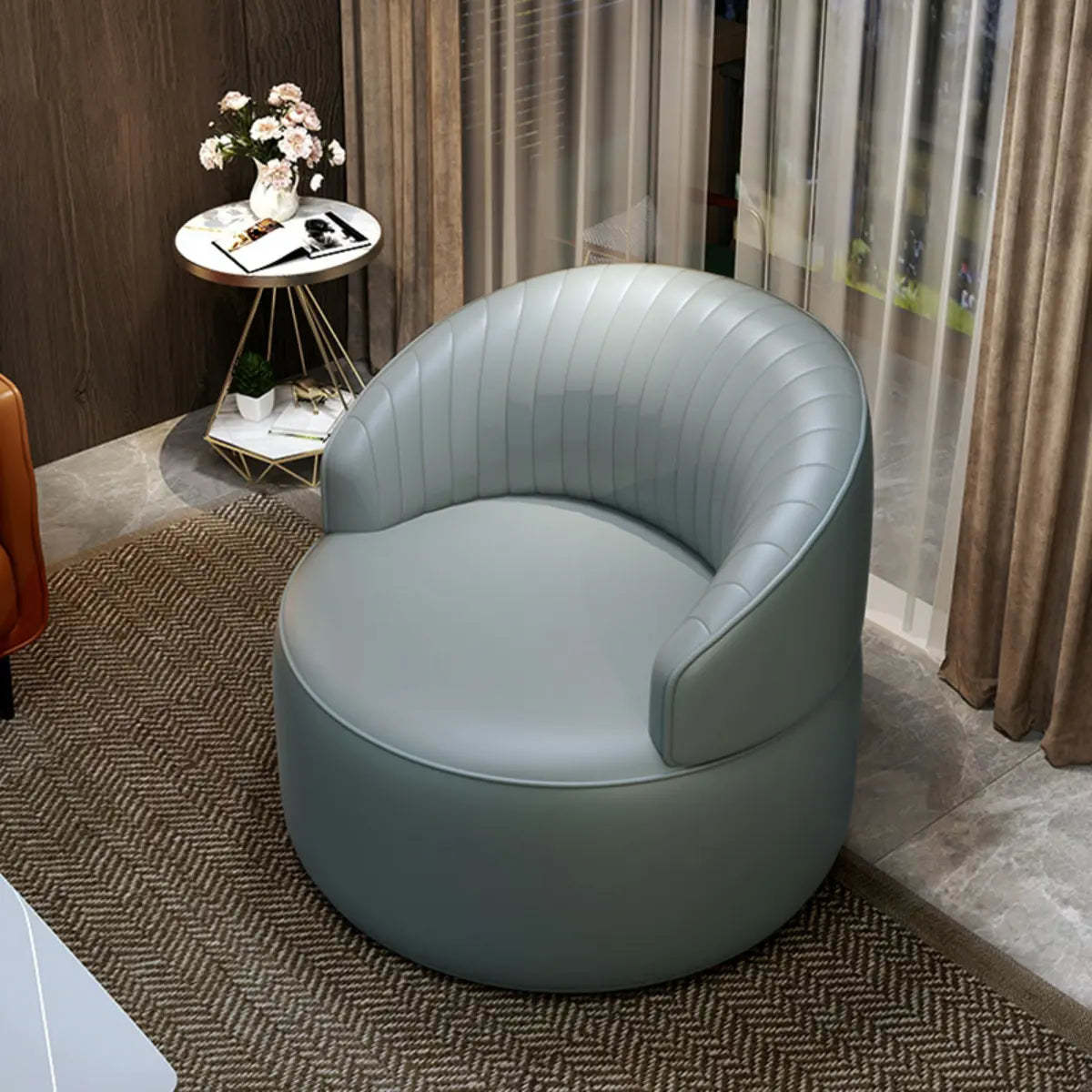 Orange Leather Fixed-Back Barrel Chair with Arms — Light Orange