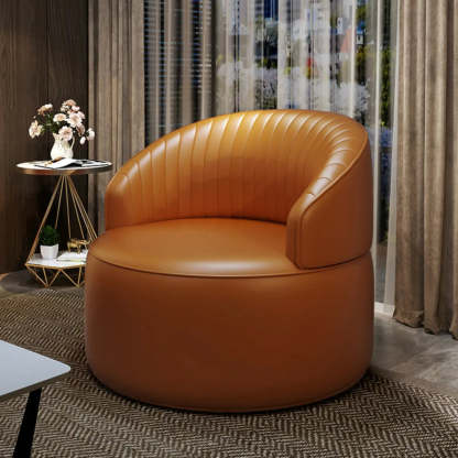 Orange Leather Fixed-Back Barrel Chair with Arms — Orange