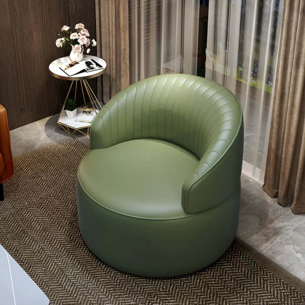 Orange Leather Fixed-Back Barrel Chair with Arms — Turquoise