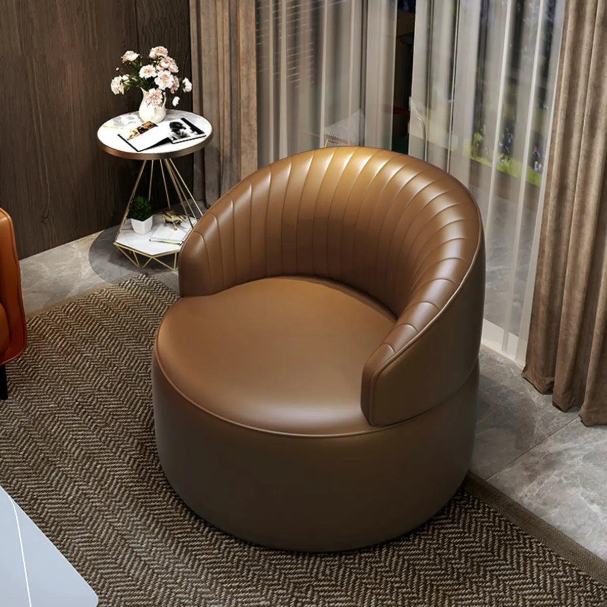 Orange Leather Fixed-Back Barrel Chair with Arms