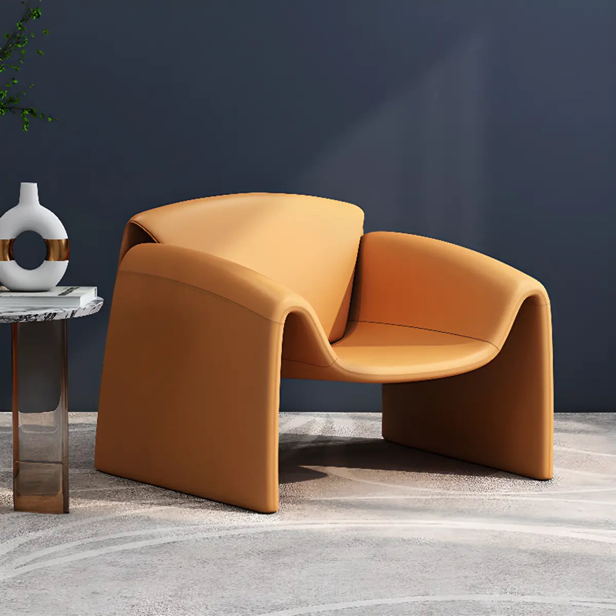 Orange Leather Sled Arm Chair with Pillow — Beige / Leather