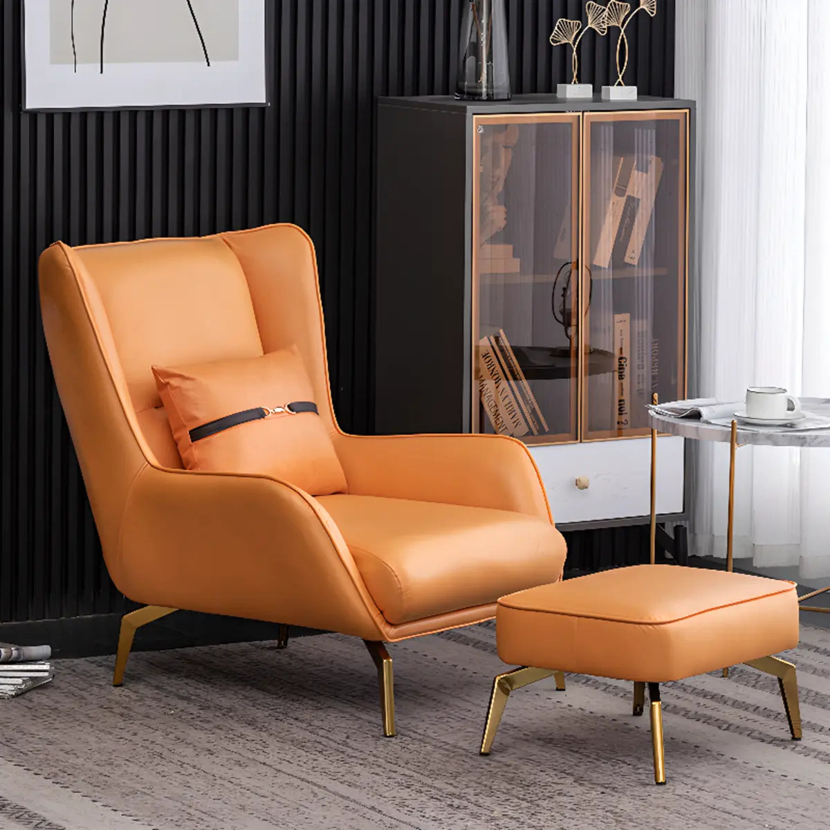 Orange Pillow Back Four Leg Accent Chair with Footrest — Accent Chair with Ottoman / Blackish Green / Microfiber Leather