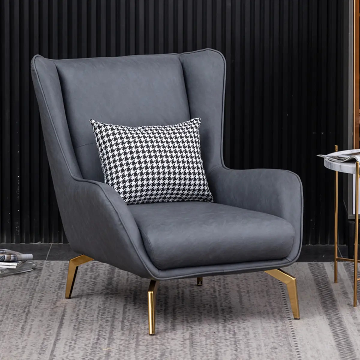 Orange Pillow Back Four Leg Accent Chair with Footrest — Accent Chair with Ottoman / Dark Gray / Microfiber Leather
