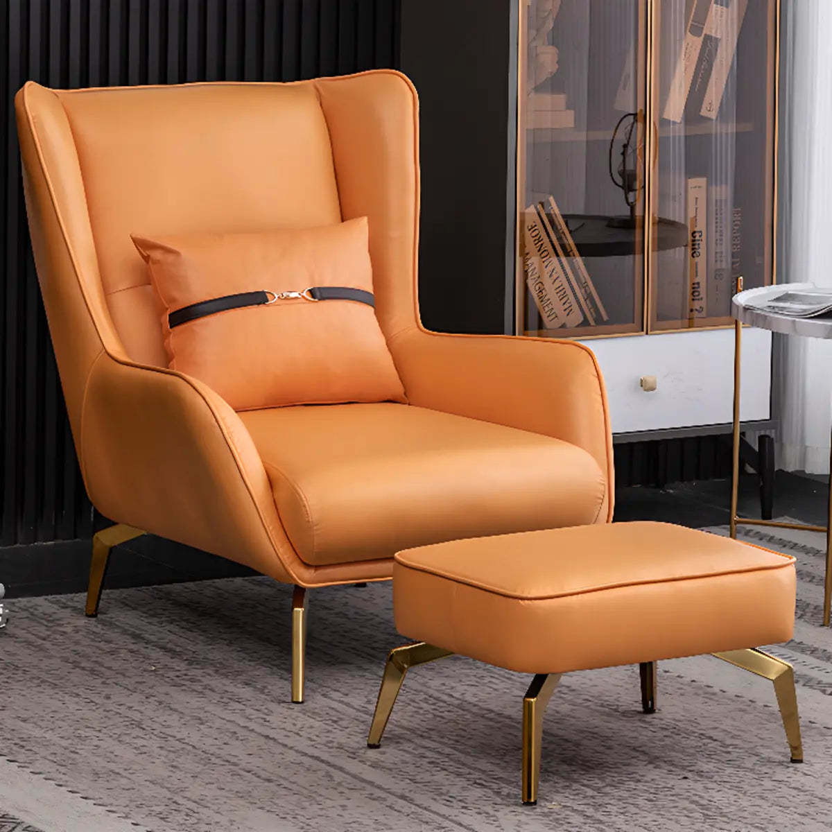 Orange Pillow Back Four Leg Accent Chair with Footrest — Single Accent Chair / Orange/ Green / Microfiber Leather