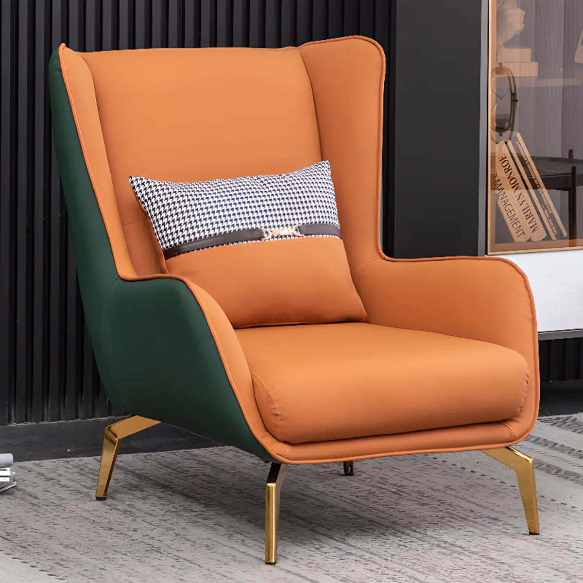 Orange Pillow Back Four Leg Accent Chair with Footrest
