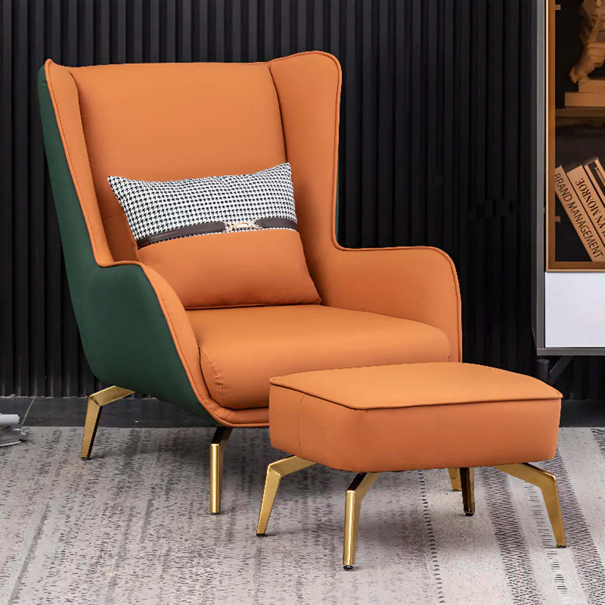 Orange Pillow Back Four Leg Accent Chair with Footrest