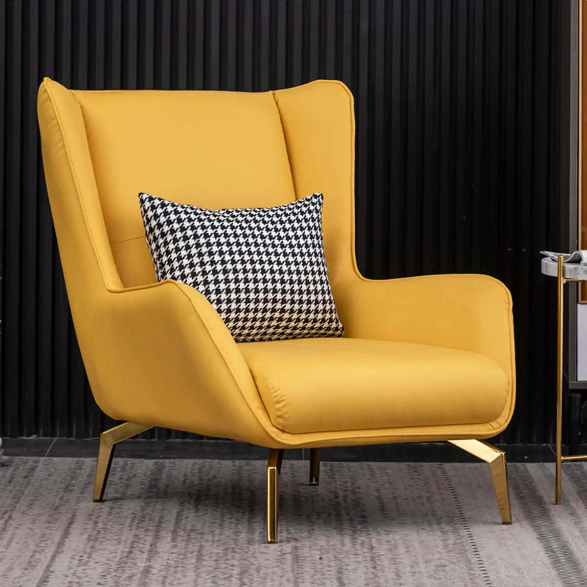 Orange Pillow Back Four Leg Accent Chair with Footrest — Accent Chair with Ottoman / Gloss Yellow / Microfiber Leather