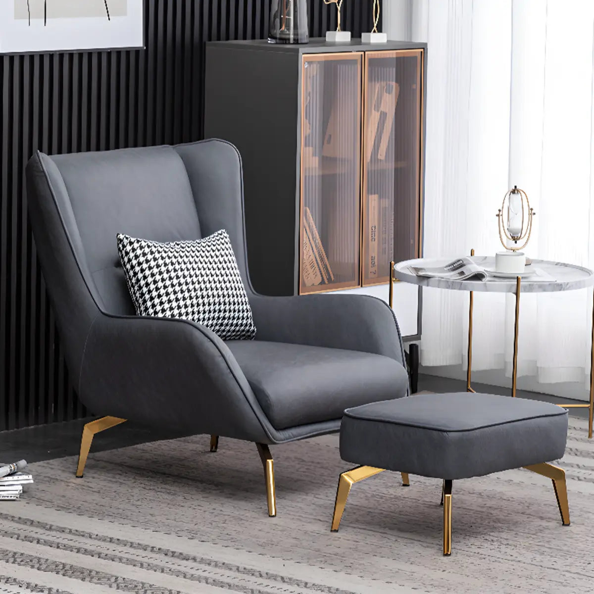 Orange Pillow Back Four Leg Accent Chair with Footrest — Accent Chair with Ottoman / Houndstooth pattern / Linen