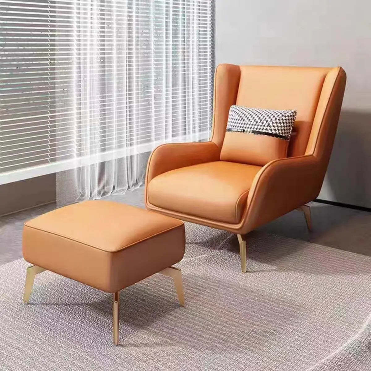 Orange Pillow Back Four Leg Accent Chair with Footrest — Accent Chair with Ottoman / Off-White-Orange / Microfiber Leather