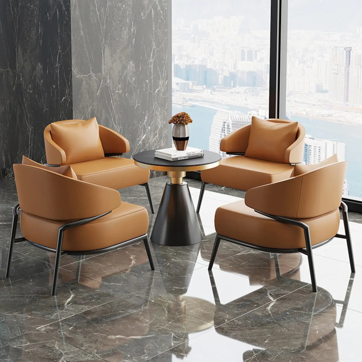 Orange Stain Resistant Nappa Leather 4-Leg Arm Chair