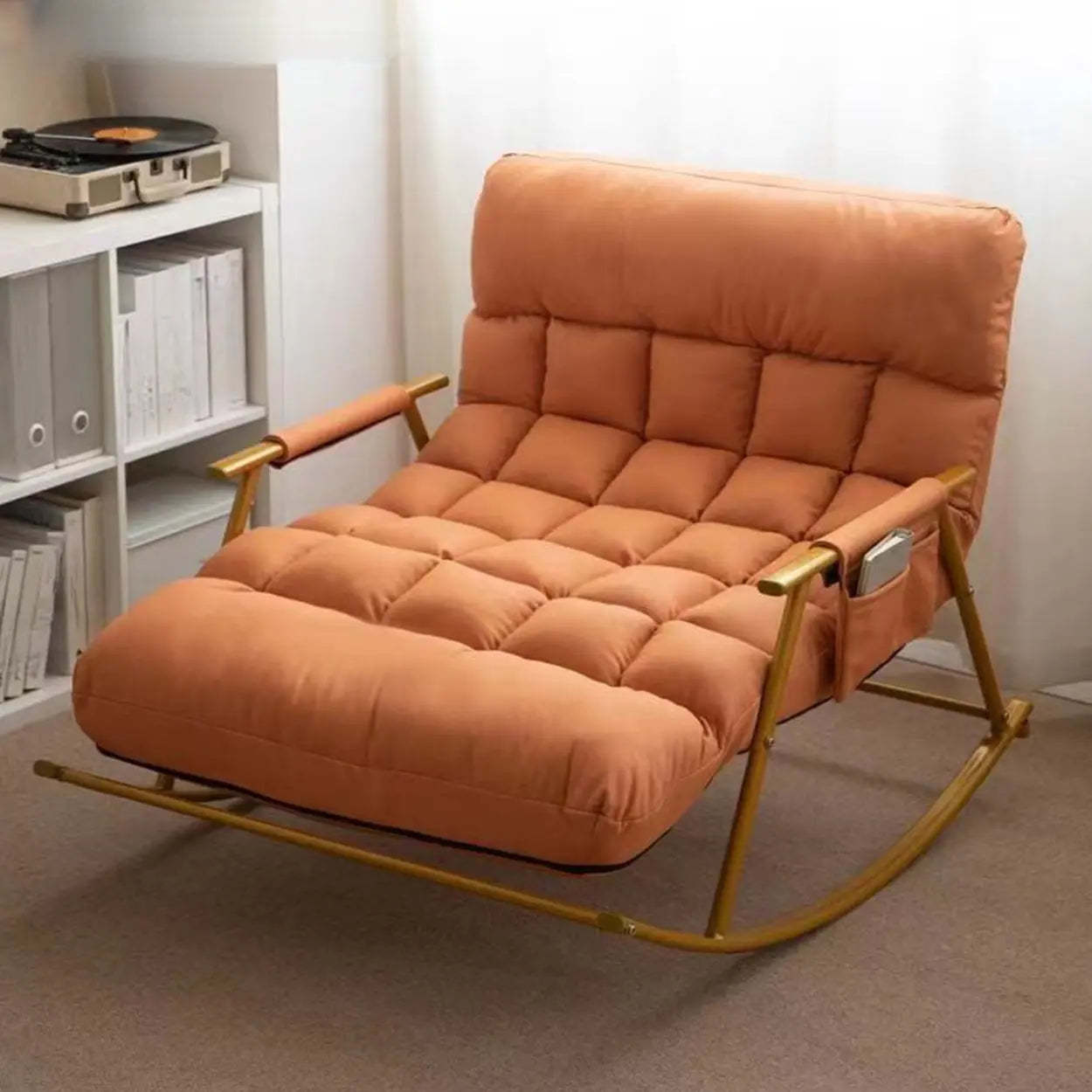 Upholstered Rocking Chair with Side Pocket — Rocking Chair / Blue / Gold