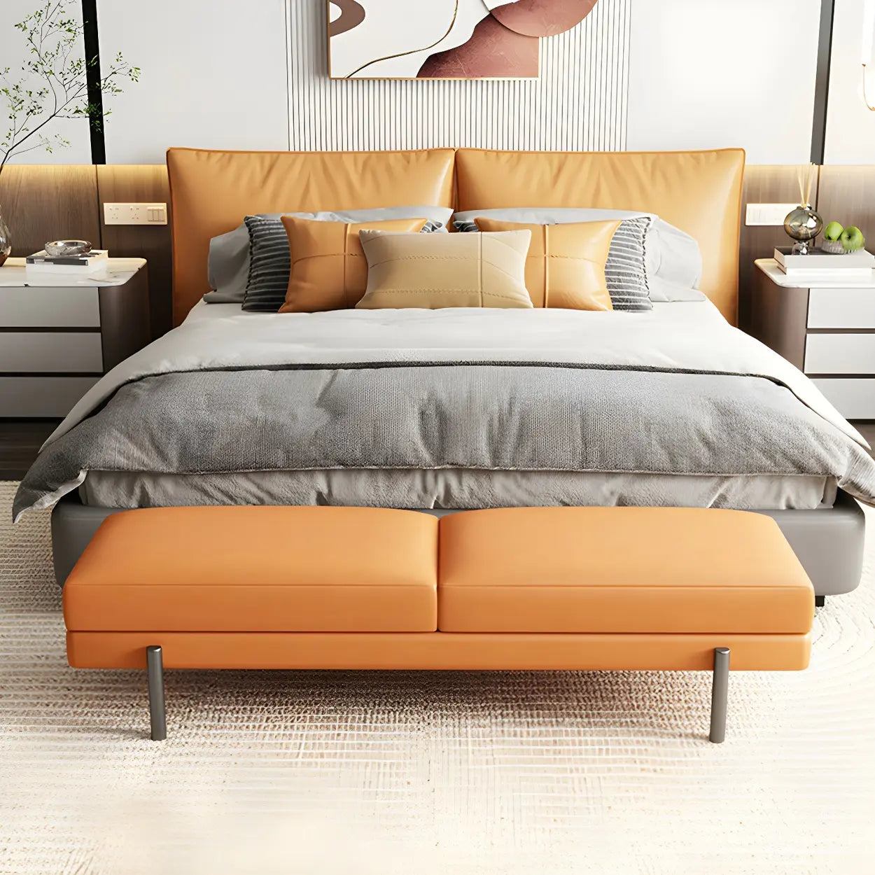 Orange Upholstered Short Bedroom Bench — Light Green