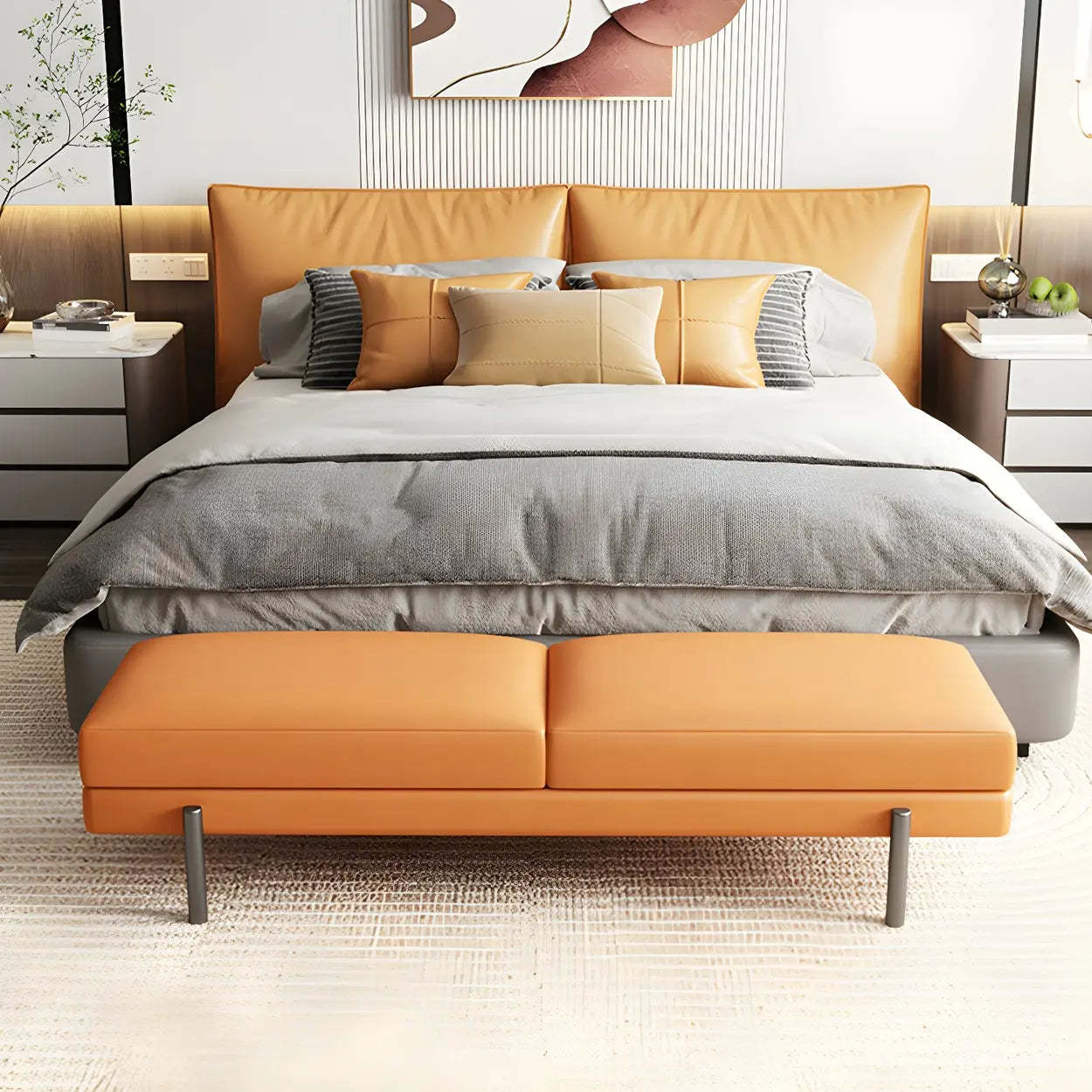 Orange Upholstered Short Bedroom Bench — Light Green