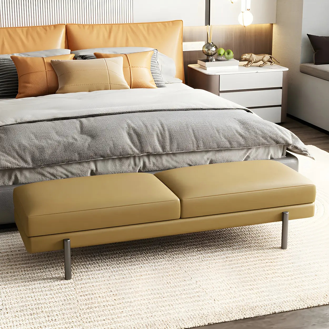 Orange Upholstered Short Bedroom Bench — Blackish Green