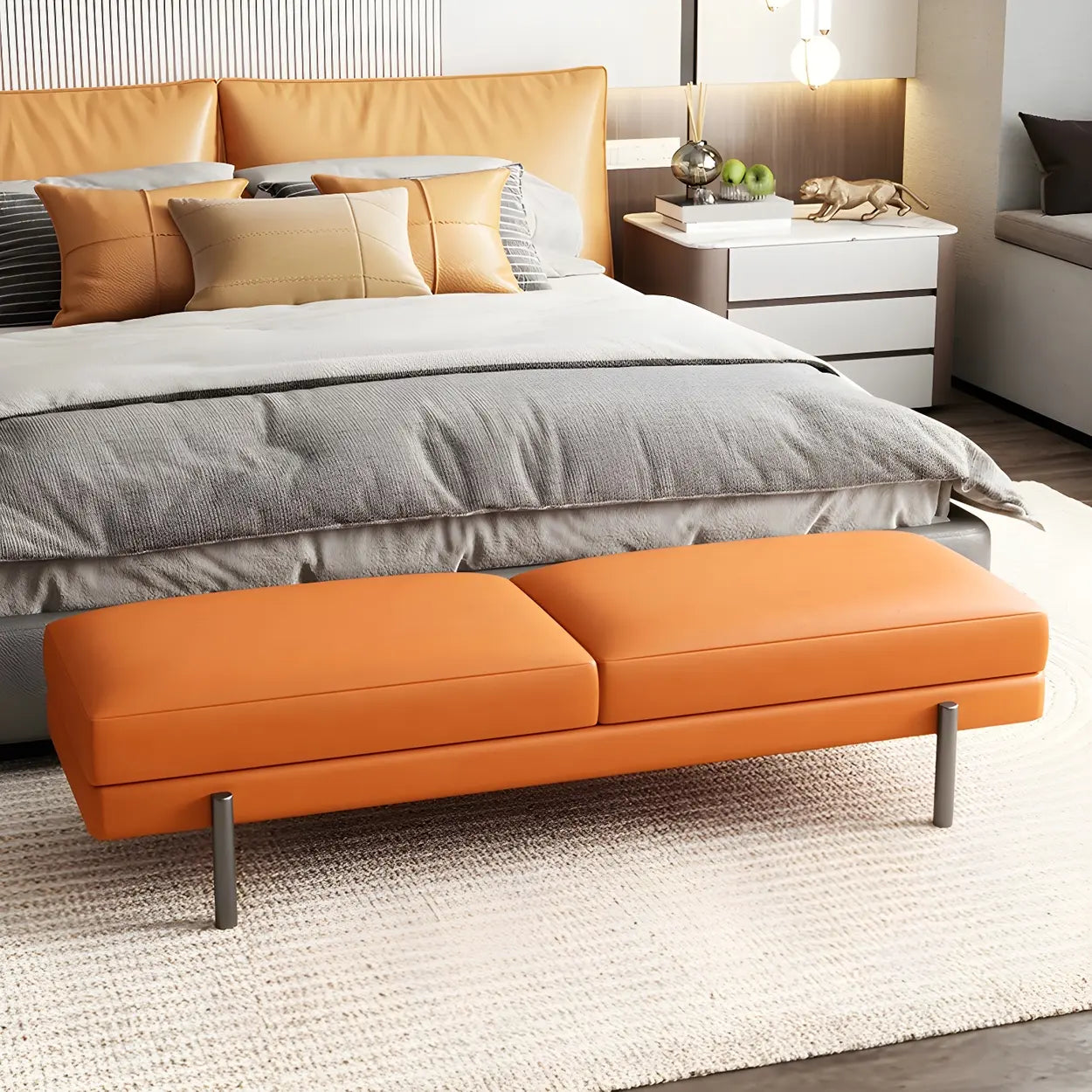 Orange Upholstered Short Bedroom Bench