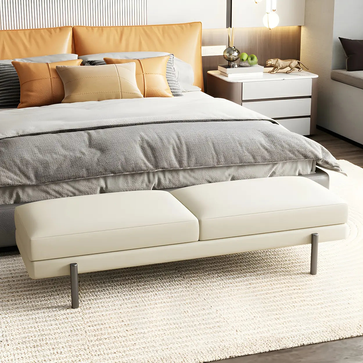 Orange Upholstered Short Bedroom Bench — Light Gray